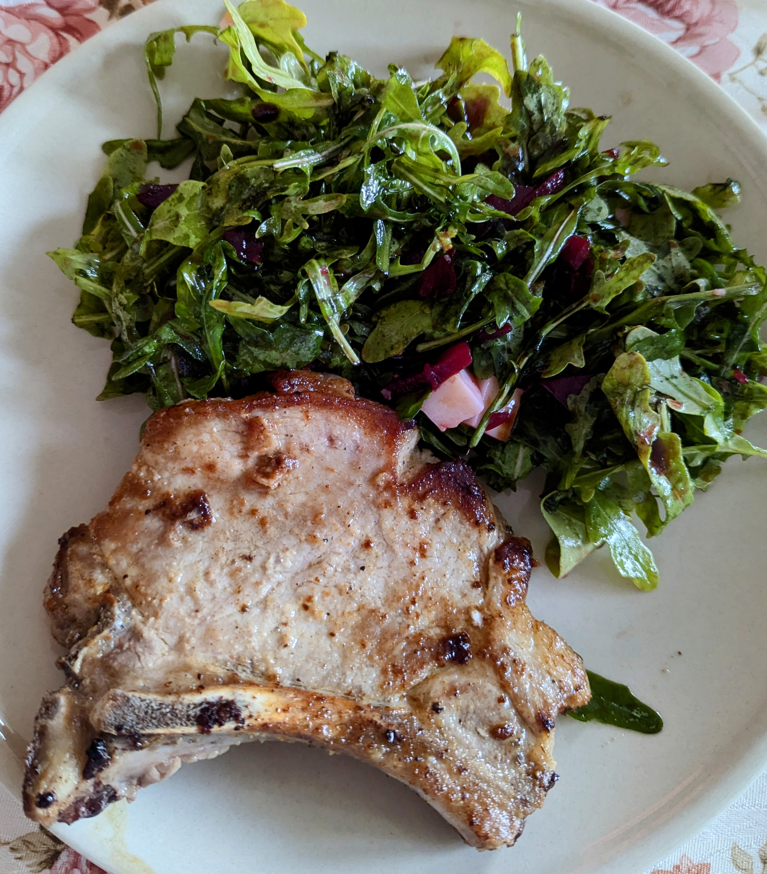 Pork Chops with Beetroot, Goat Cheese, and Rocket Salad